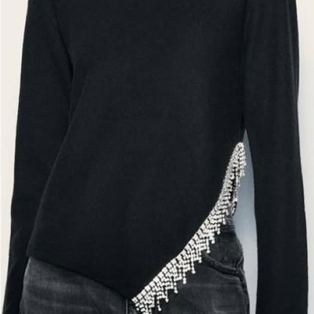 Zara NWT Black Long Sleeve Top with Beaded Fringe